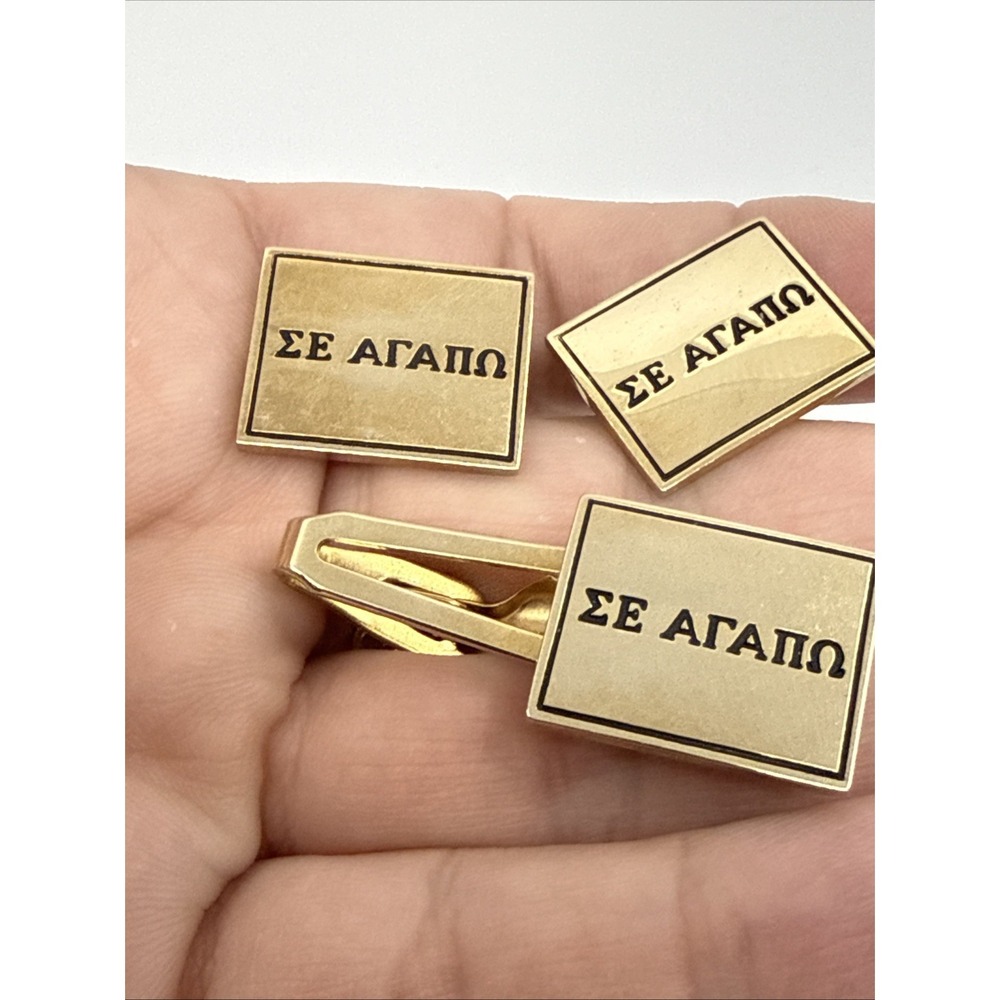 Men's Cufflinks Tie Clip Greek Letters I Love You Pioneer‎ Goldtone Set